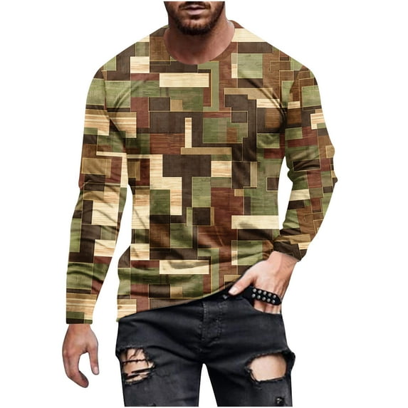 Dagegui Men's Vintage Tops Distressed Print Long Sleeve T Shirts Casual Crewneck Pullover Tees Big and Tall Sport Workout Blouse Outdoor Active Shirt Brown,L
