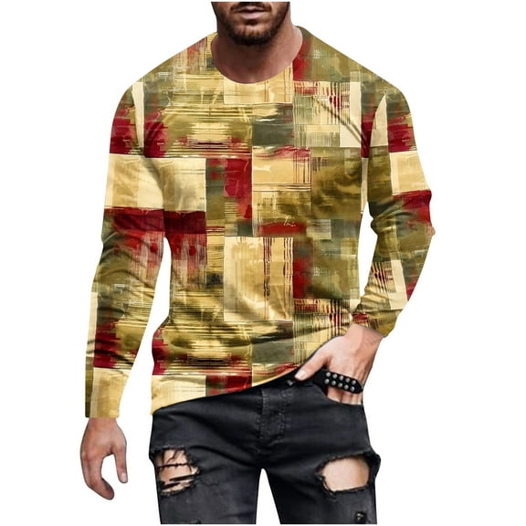 Dagegui Men's Vintage Tops Distressed Print Long Sleeve T Shirts Casual Crewneck Pullover Tees Big and Tall Sport Workout Blouse Outdoor Active Shirt Coffee,XL