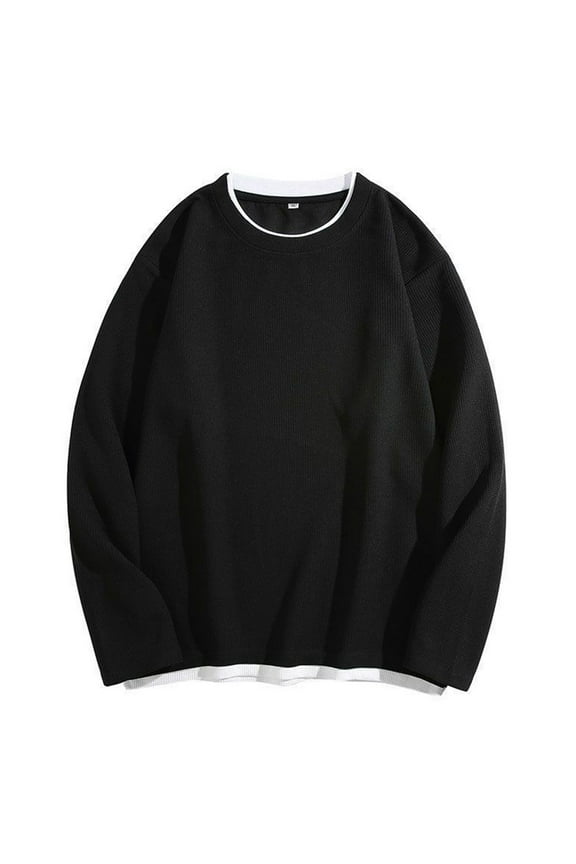 Men's Waffle Long Sleeve Shirts Big and Tall Crew Neck Pullover Fake 2 Piece Tops Casual Loose Fit Daily Tee Black XXXXL