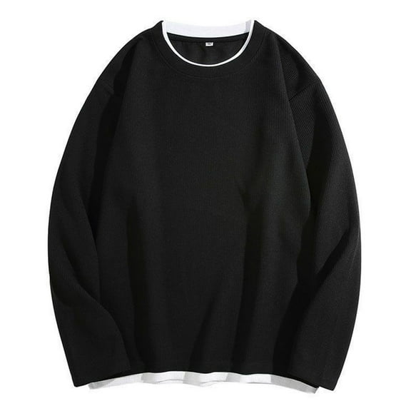 Dagegui Men's Waffle Long Sleeve Shirts Big and Tall Crew Neck Pullover Fake 2 Piece Tops Casual Loose Fit Daily Tee Black XXXXL