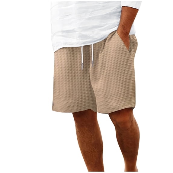 Dagegui Men's Waffle Short Pants Summer Casual Loose Fit Shorts Drawstring Elastic Waist Beach Shorts with Pockets Khaki S