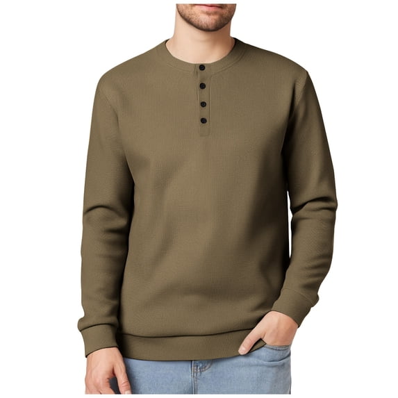 Dagegui Men's Waffle Sweatshirts Crewneck Button Down Henley Shirts Casual Long Sleeve Pullover Tee Brown XXL