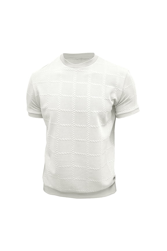 Men's White Short Sleeve Textured T-Shirt Solid Color Crew Neck Pullover Tops Summer Casual Trendy Basic Shirts L