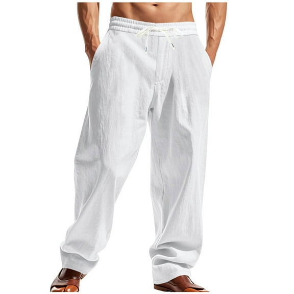 Dagegui Men's Wide Leg Linen Pants Summer Elastic Waist Drawstring Beach Pant Lightweight Everyday Loungewear Trousers with Pockets White XL