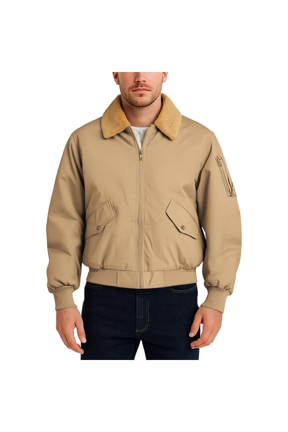 Men's Winter Fleece Lined Jackets Stylish Long Sleeve Zip Up Lapel Coat Solid Color Crop Outwear with Pockets Khaki XL