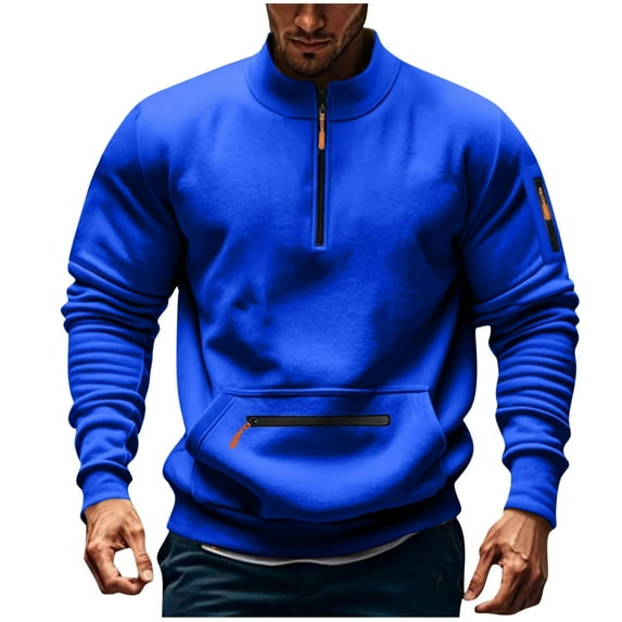 Dagegui Mens 1/4 Zip Up Pullover Top Mock Neck Long Sleeve Sweatshirt Fleece Winter Athletic Shirts with Pocket Blue XL