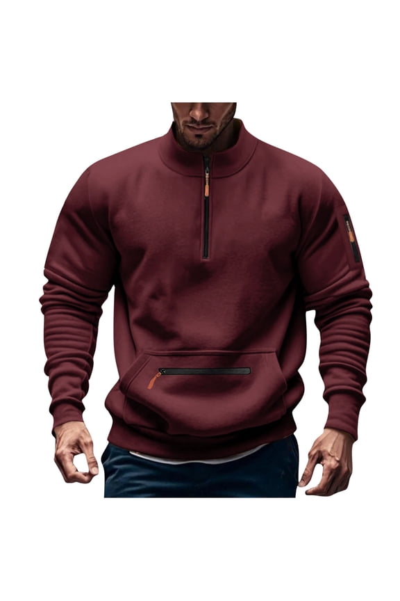 Mens 1/4 Zip Up Pullover Top Mock Neck Long Sleeve Sweatshirt Fall Winter Athletic Shirts with Pocket Wine S