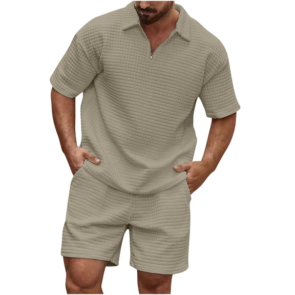 Dagegui Mens 2 Pieces Sweatsuits Waffle T-Shirts and Short Pants Sets 1/4 Zip Up Turndown Collar Shirts Solid Casual Loose Fit Set Summer Khaki L