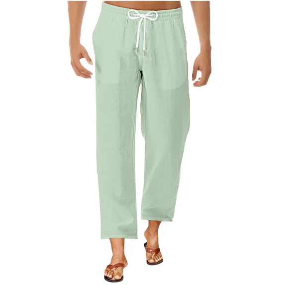 Dagegui Mens 3/4 Length Cotton Linen Pants Drawstring Elastic Waist Straight Leg Beach Pant Summer Cropped Slacks Casual Comfy Daily Bottoms Green XXL