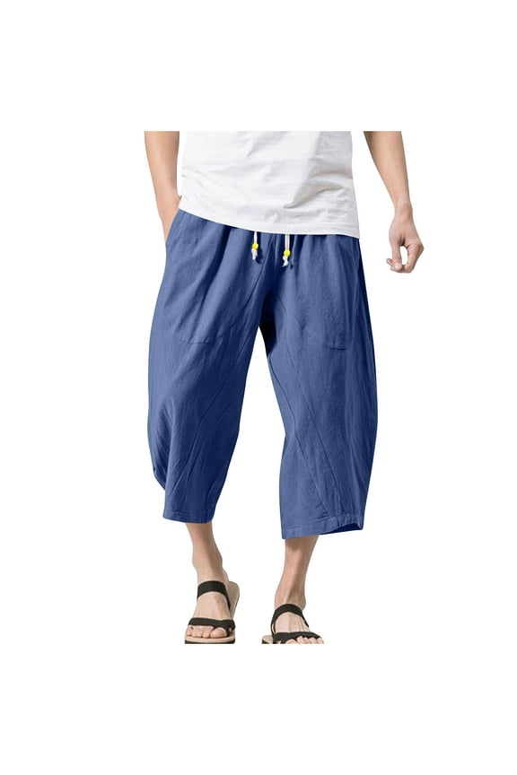 Mens 3/4 Length Cotton Linen Pants Summer Elastic Waist Wide Leg Harem Pant Casual Comfy Everyday Beach Yoga Trousers Navy L