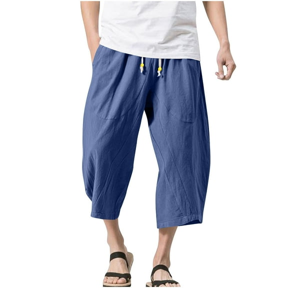 Dagegui Mens 3/4 Length Cotton Linen Pants Summer Elastic Waist Wide Leg Harem Pant Casual Comfy Everyday Beach Yoga Trousers Navy M