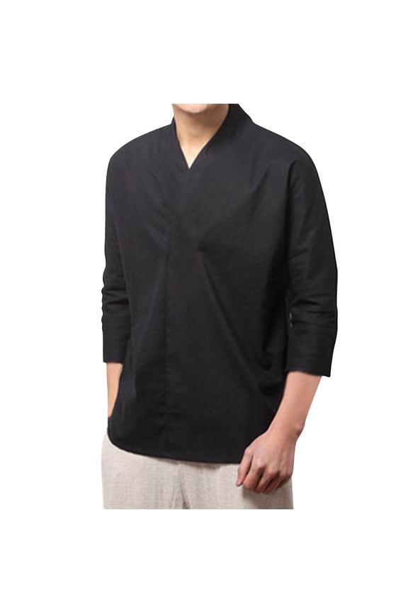 Mens 3/4 Sleeve Cotton Linen T-Shirt Casual V Neck Shirt Solid Color Beach Vacation Tee Soft Comfy Summer Shirts Black XXXL