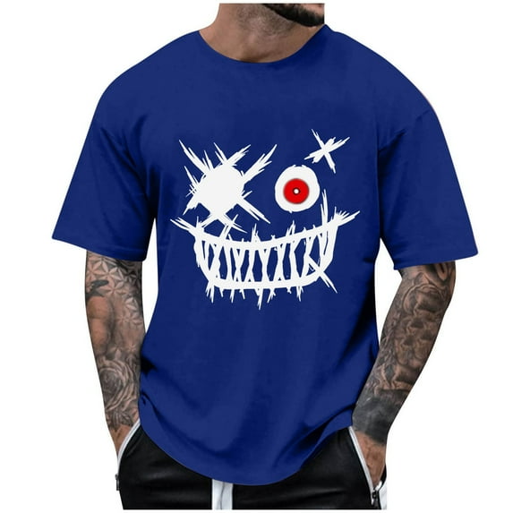 Dagegui Mens 3D Printed T-Shirts Funny Face Tooth Graffiti Graphic Tees Plus Size Short Sleeve Crewneck Shirts Casual Loose Party Costumes Halloween Blue 5XL
