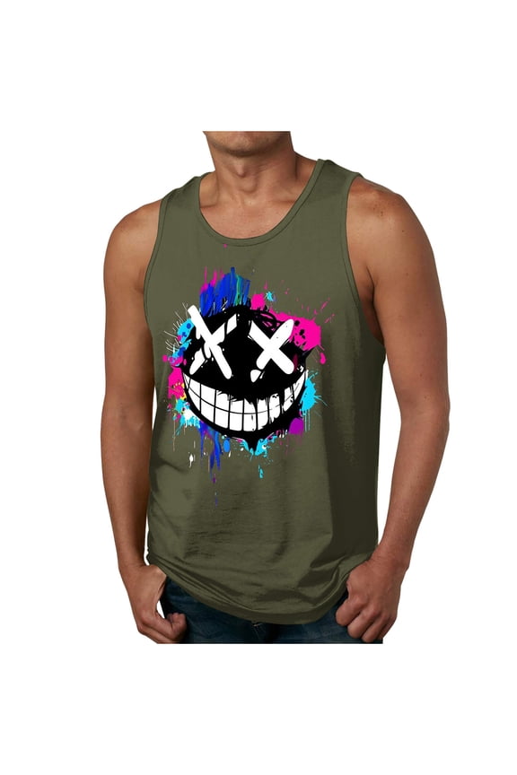 Mens 3D Printed Tank Tops Funny Face Tooth Graphic Tees Plus Size Sleeveless Crewneck Shirts Casual Loose Party T-Shirts Army Green XL