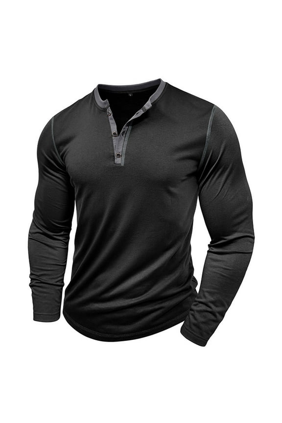 Mens Athletic Henley Shirts Cotton Long Sleeve Crewneck Button Shirt Slim Fit Workout Muscle Tees Tops Fall Running Jogging Sport T-Shirts Black L