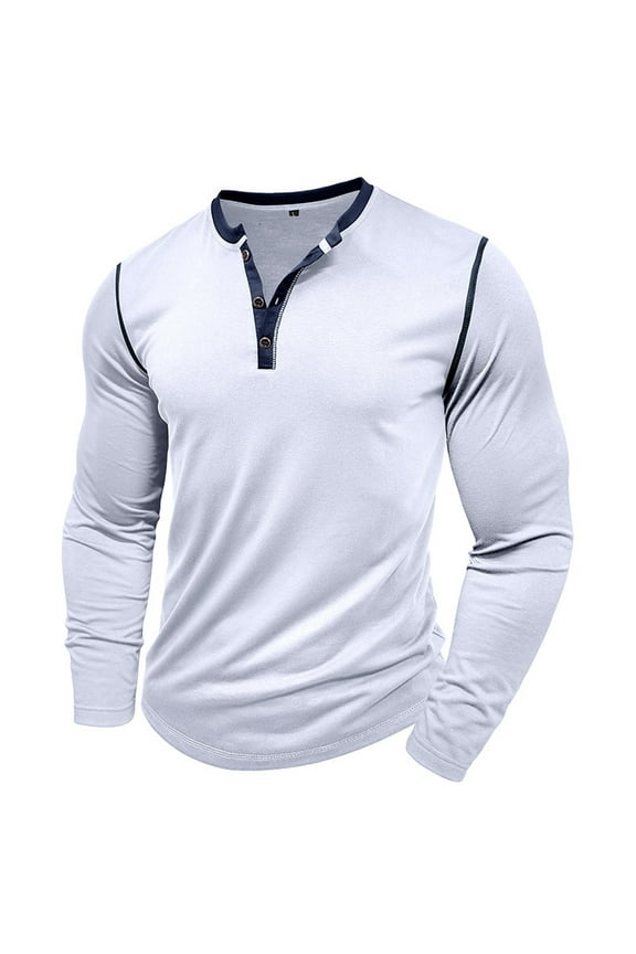 Mens Athletic Henley Shirts Cotton Long Sleeve Crewneck Button Shirt Slim Fit Workout Muscle Tees Tops Fall Running Jogging Sport T-Shirts White XL