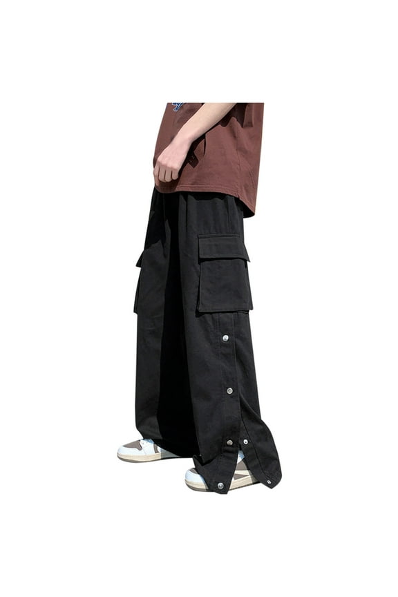 Mens Baggy Goth Cargo Pants Side Buttons Y2K Straight Leg Joggers Pant Outdoor Work Trousers with Pockets Casual Streetwear Loose Pants Black,M