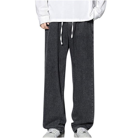 Dagegui Mens Baggy Jeans Drawstring Elastic Waist Wide Leg Jean Casual Loose Everyday Work Pants Gray S