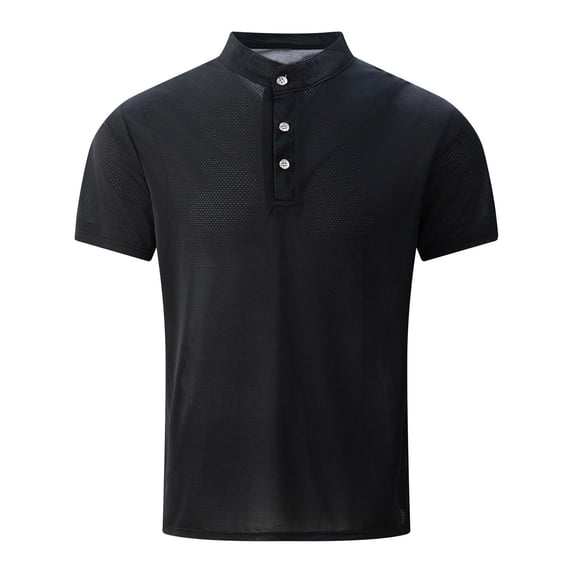 Dagegui Mens Black Henley Shirts Slim fit Stand Collar Short Sleeve Golf Tees Dress Work Business T-Shirt Summer Solid Color Tops S