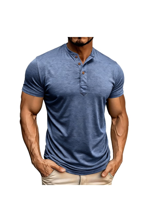 Mens Blue Short Sleeve Henley Shirts Button Down Pullover T Shirt Slim Fit Muscle Workout Gym Tee Soft Lightweight Summer Tops 1X