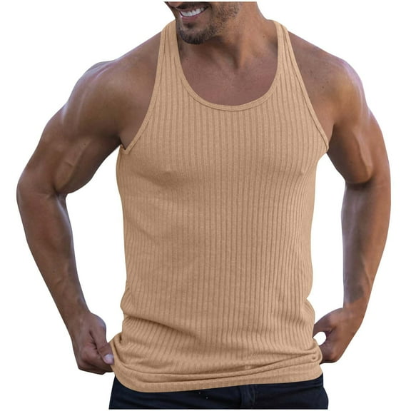 Dagegui Mens Bodybuilding Tank Tops Summer Knit Ribbed Thin Strap Tanks Slim Stretchy Workout Muscle Tees Big and Tall Fitness T-Shirts Khaki 3XL