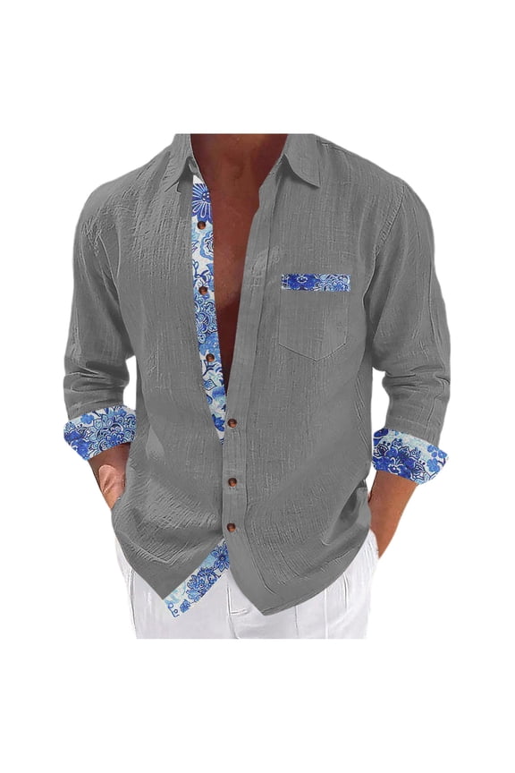 Mens Button Down Linen Shirts Patchwork Long Sleeve Turndown Collar Shirt with Chest Pocket Lightweight Beach Hawaiian Vacation Tops Gray M