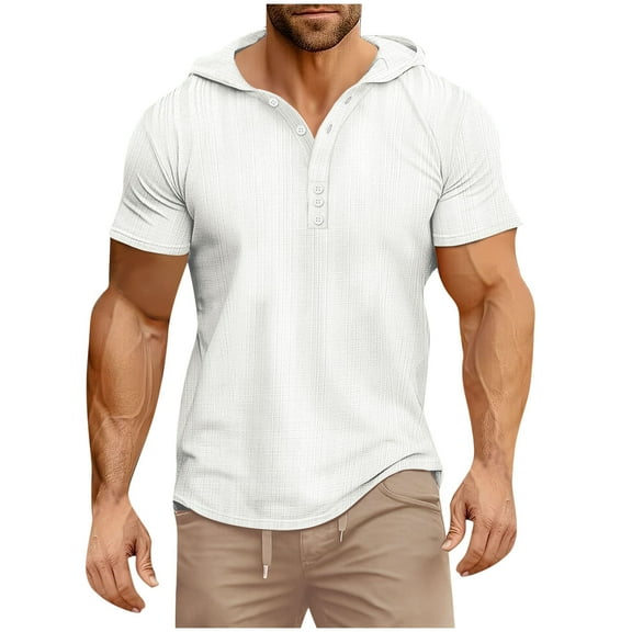 Dagegui Mens Button Down Muscle Hoodies Bodybuilding Short Sleeve Shirts Lightweight Athletic Gym Running Tee White Tops L