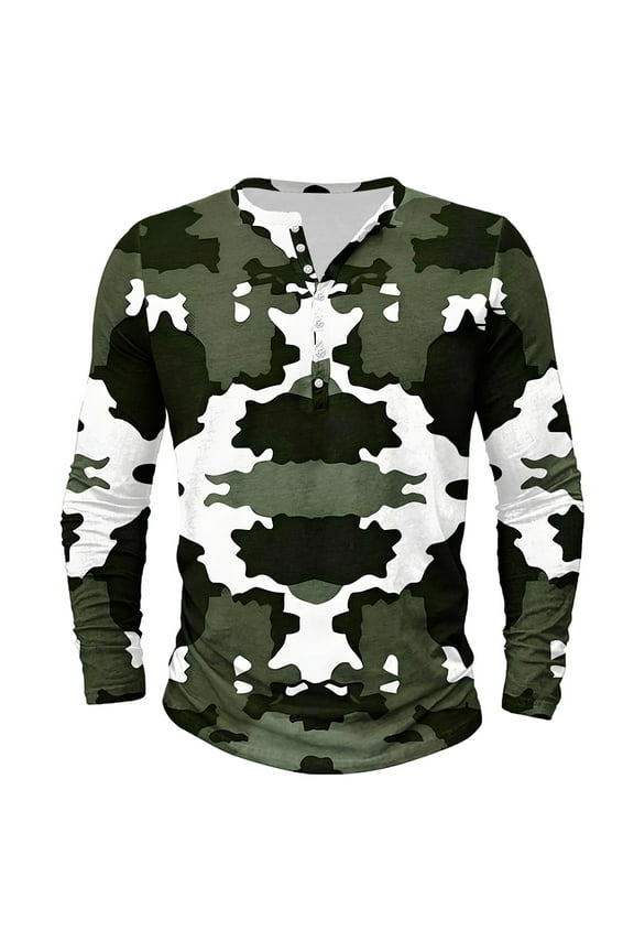 Mens Camo Long Sleeve Henley Shirts Camouflage Crewneck Button Shirt Big and Tall Slim Fit Athletic Tees Fall Winter Casual Tops Army Green M
