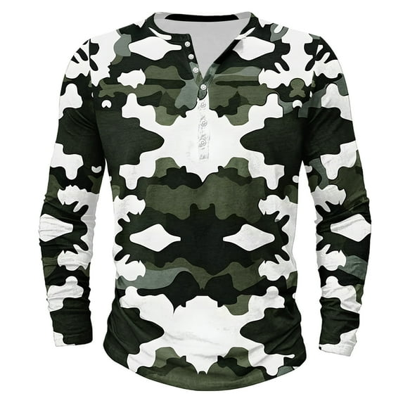 Dagegui Mens Camo Long Sleeve Henley Shirts Camouflage Crewneck Button Shirt Big and Tall Slim Fit Athletic Tees Fall Winter Casual Tops Clearance Sale Camouflage M