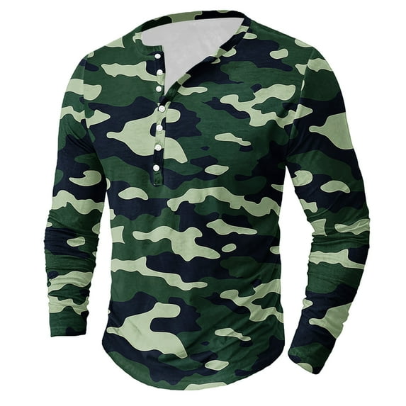 Dagegui Mens Camo Print Henley Shirts Long Sleeve Crewneck Button T-Shirts Big and Tall Outdoor Active Pullover Shirt Casual Basic Daily Tees Tops Today Savings Army Green S