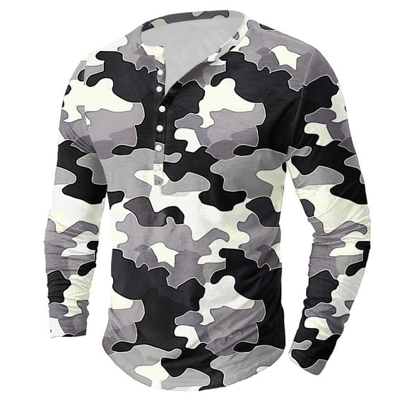 Dagegui Mens Camo Print Henley Shirts Long Sleeve Crewneck Button T-Shirts Big and Tall Outdoor Active Pullover Shirt Casual Basic Daily Tees Tops Dark Gray M