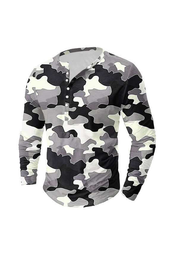 Mens Camo Print Henley Shirts Long Sleeve Crewneck Button T-Shirts Big and Tall Outdoor Active Pullover Shirt Casual Basic Daily Tees Tops Dark Gray XL