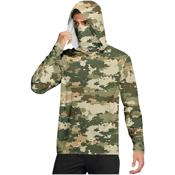 Dagegui Mens Camo UV Protection Shirt Lightweight Fishing Hoodie with Face Mask Rash Guard Long Sleeve Quick Dry Hiking Beach T-Shirts Green XL