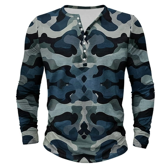 Dagegui Mens Camouflage Henley Shirts Long Sleeve Crew Neck Button T-Shirts Big and Tall Slim Fit Sport Shirt Camo Outdoor Hiking Tees Tops Navy S