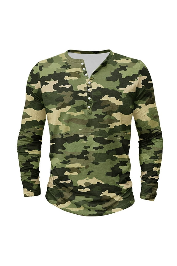 Mens Camouflage Henley Shirts Long Sleeve Crew Neck Button T-Shirts Big and Tall Slim Fit Sport Shirt Camo Outdoor Hiking Tees Tops Army Green M