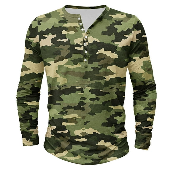 Dagegui Mens Camouflage Henley Shirts Long Sleeve Crew Neck Button T-Shirts Big and Tall Slim Fit Sport Shirt Camo Outdoor Hiking Tees Tops Army Green M