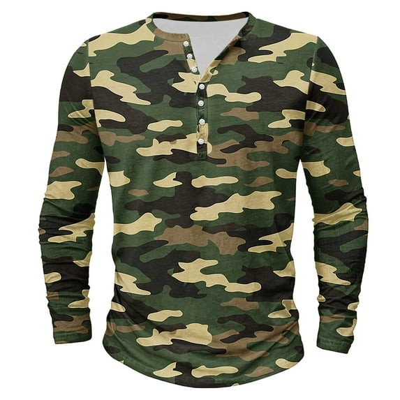 Dagegui Mens Camouflage Henley Shirts Long Sleeve Crew Neck Button T-Shirts Big and Tall Slim Fit Sport Shirt Camo Outdoor Hiking Tees Tops Green 4XL