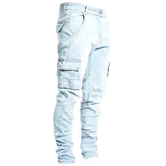 Dagegui Mens Cargo Jeans Distressed Slim Fit Joggers Jean Outdoor Work Denim Pants with Multi Pockets Light Blue 2XL