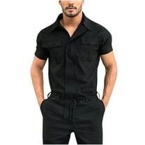 Dagegui Mens Cargo Jumpsuits Trendy Short Sleeve Outfit Sets Solid Drawstring Tooling Pants Casual Outdoor Jumpsuit Outfits Black S