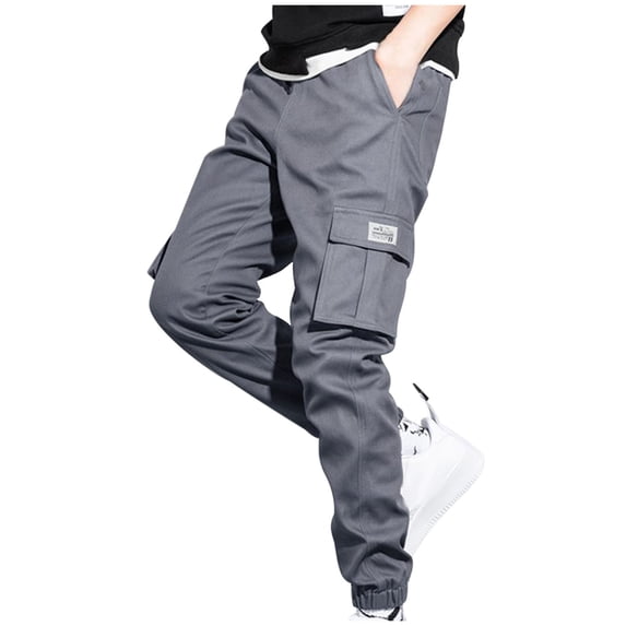 Dagegui Mens Cargo Pants Solid Color Elastic Waist Drawstring Joggers Pants Trendy Tapered Sweatpants Multi Pockets Gray 2XL