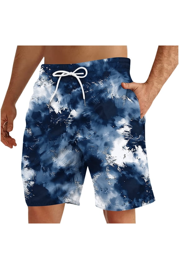 Mens Casual Beach Shorts Tie Dye Printed Summer Shorts Loose Elastic Waist Drawstring Shorts Big and Tall Outdoor Travel Shorts with Pockets 2025 Clearance Sale Navy 5XL