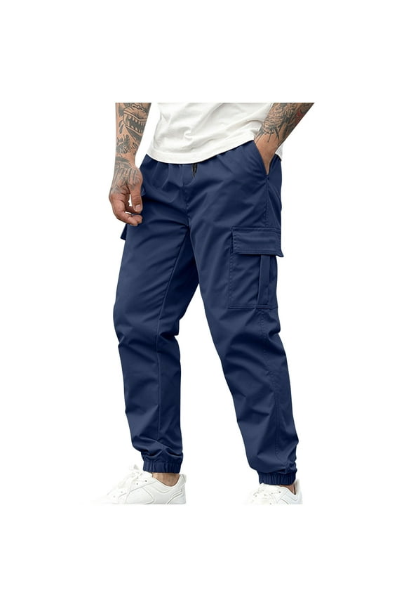 Mens Casual Cargo Joggers Pants Elastic Waist Drawstring Loose Fit Work Pants Multi Pockets Sweatpants Navy M