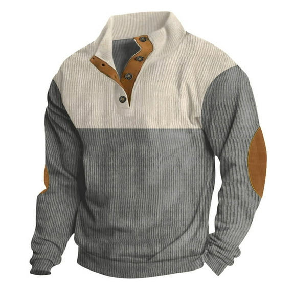 Dagegui Mens Casual Corduroy Sweatshirt Long Sleeve Stand Collar Shirts Trendy Button Up Pullover Vintage Athletic Tops Gray XXL