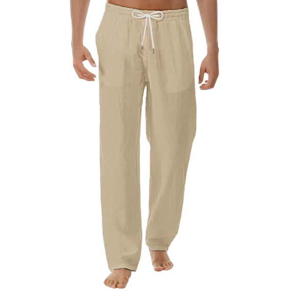 Dagegui Mens Casual Linen Pants Solid Elastic Waist Straight Leg Pant Summer Everyday Slacks with Drawstring and Pockets Khaki XL