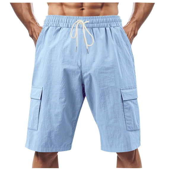 Dagegui Mens Cotton Linen Shorts Summer Drawstring Casual Cargo Shorts Loose Fit Athletic Short Pants with Pocket Light Blue,XL