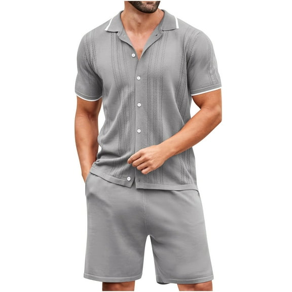 Dagegui Mens Casual Outfit Sets Lapel V Neck Button T-Shirts and Short Pant Set Solid Daily Pajamas Outfits Gray L
