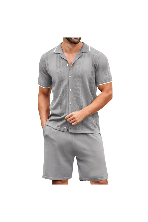 Mens Casual Outfit Sets Lapel V Neck Button T-Shirts and Short Pant Set Solid Daily Pajamas Outfits Gray L