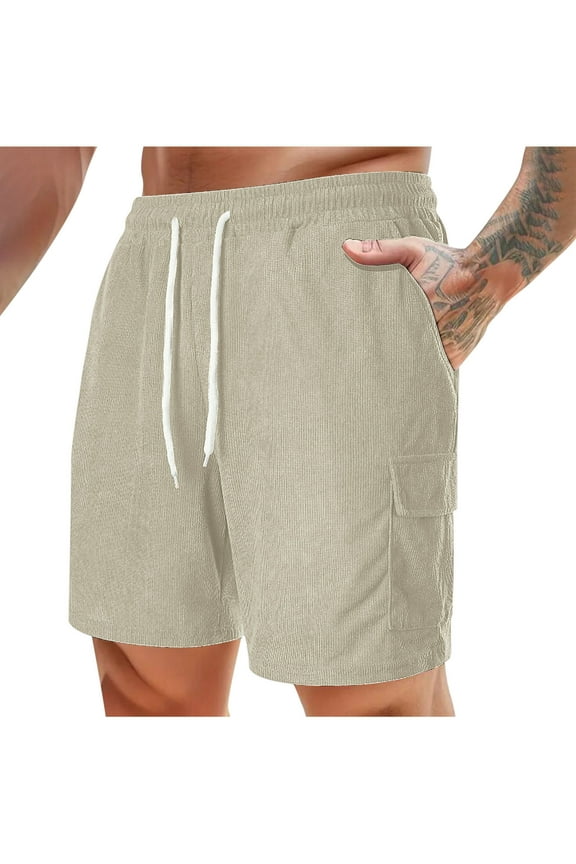 Mens Casual Shorts Corduroy Cargo Short Pants Baggy Elastic Waist Drawstring Shorts with Multi-Pockets Big and Tall Summer Lounge Shorts Beige 2XL