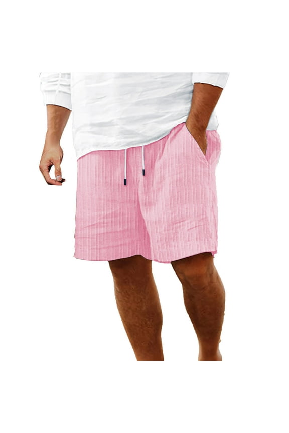 Mens Casual Shorts Drawstring Elastic Waist Jogger Short Knit Ribbed Straight Leg Shorts with Pockets Pink L