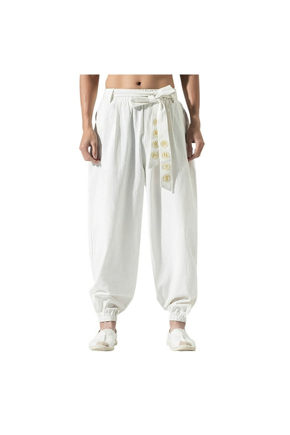 Mens China Style Pants Cotton Linen Elastic Waist Tie String Harem Pant Casual Loose Fit Tai Chi Trousers with Pockets White M
